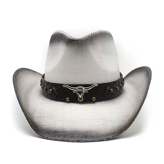 Women's Vintage Western Cowboy Hat | Black Felt Fedora with Silver Bull Head & Gold Buckle Accent