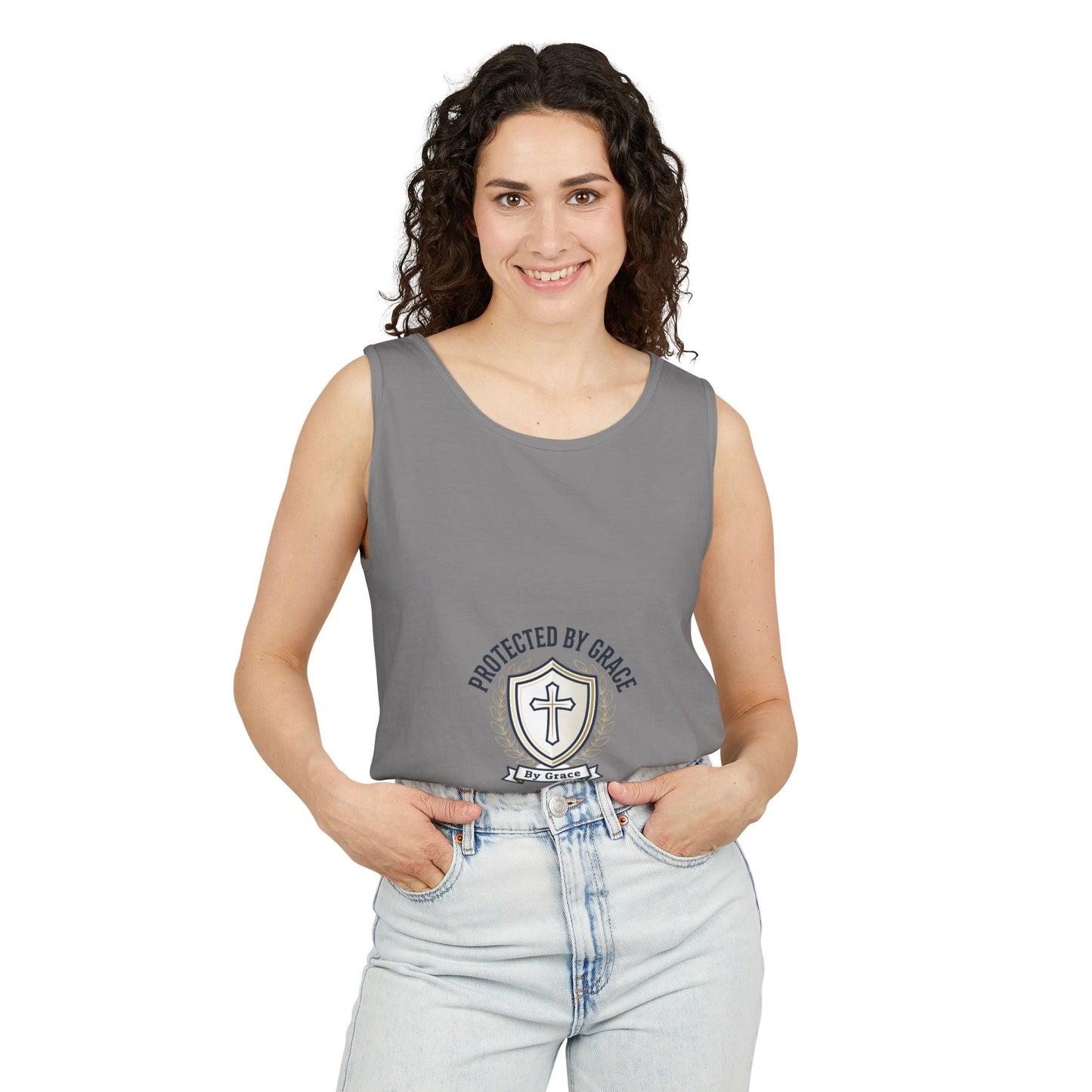 Protected by Grace Cross Tank Top — Christian Faith Graphic