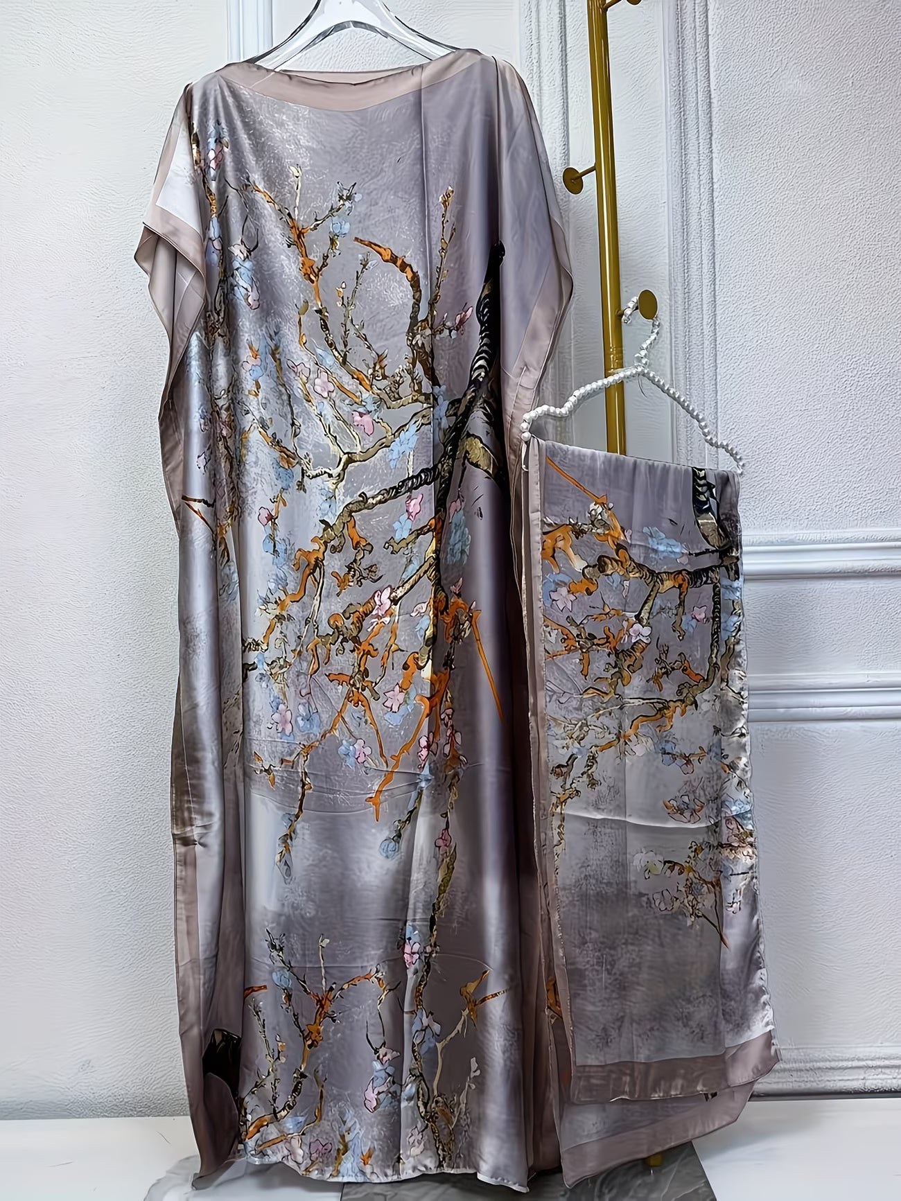 Elegant Tree Print Loose Fit Maxi Dress with Batwing Sleeves & Matching Headscarf | Modest Flow Collection