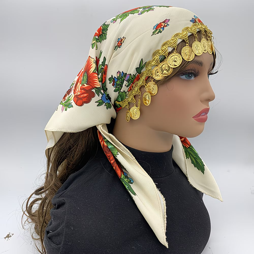 LuxeChain™ Ethnic Print Headscarf | Golden Chain Triangle Headwrap for Women