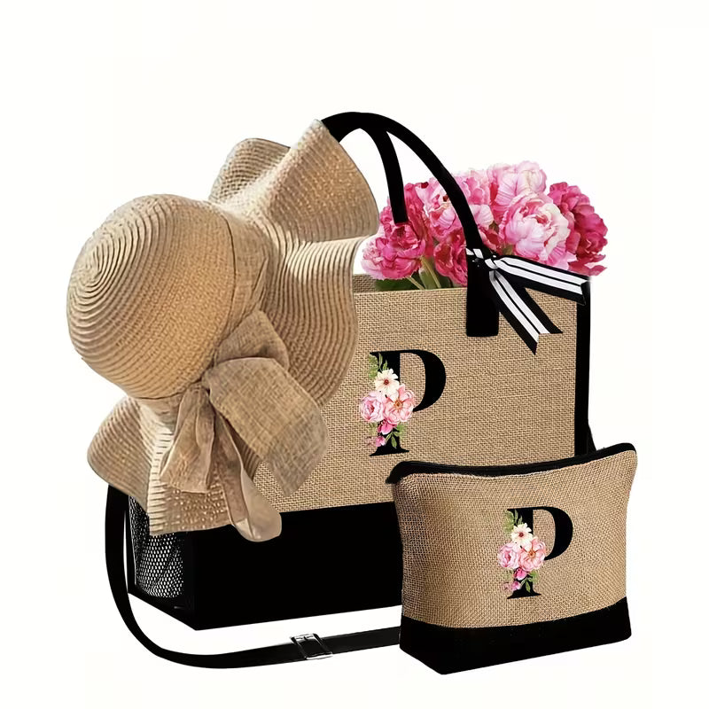 Women's 4-Piece Beach Bag Set | Tote Bag, Sun Hat, Makeup Pouch & Travel Accessories