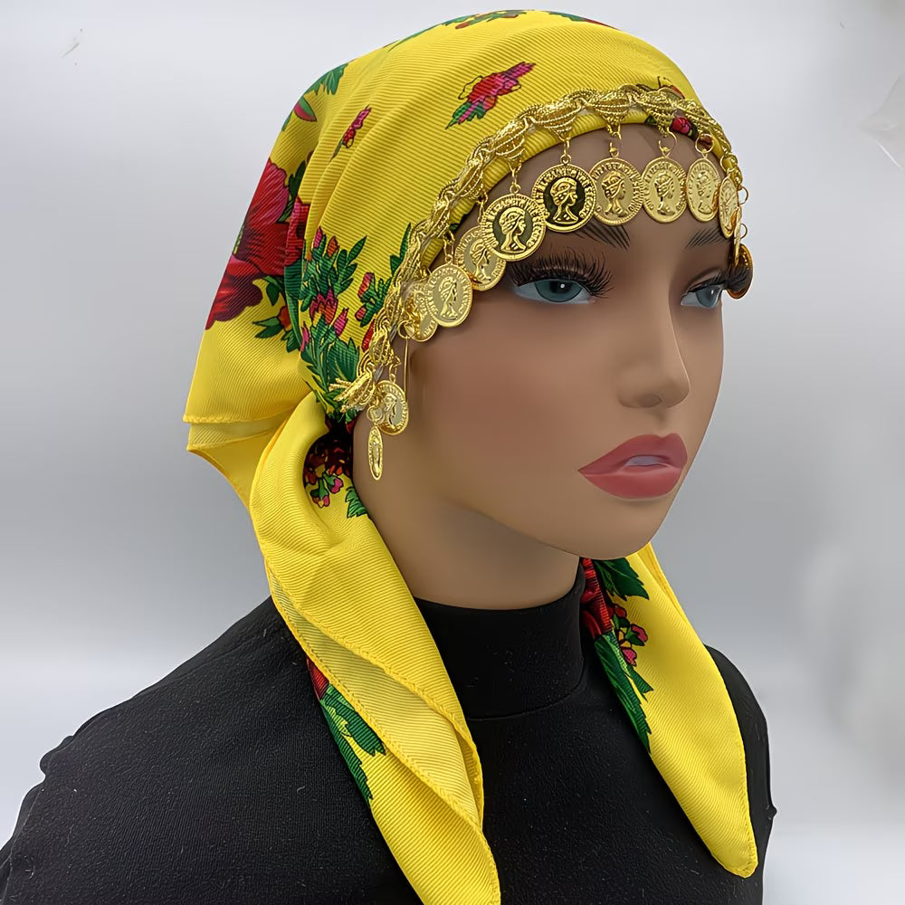 LuxeChain™ Ethnic Print Headscarf | Golden Chain Triangle Headwrap for Women