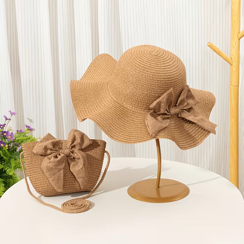 Women's 2-Piece Bohemian Beach Set | Straw Sun Hat & Matching Bow Tote Bag