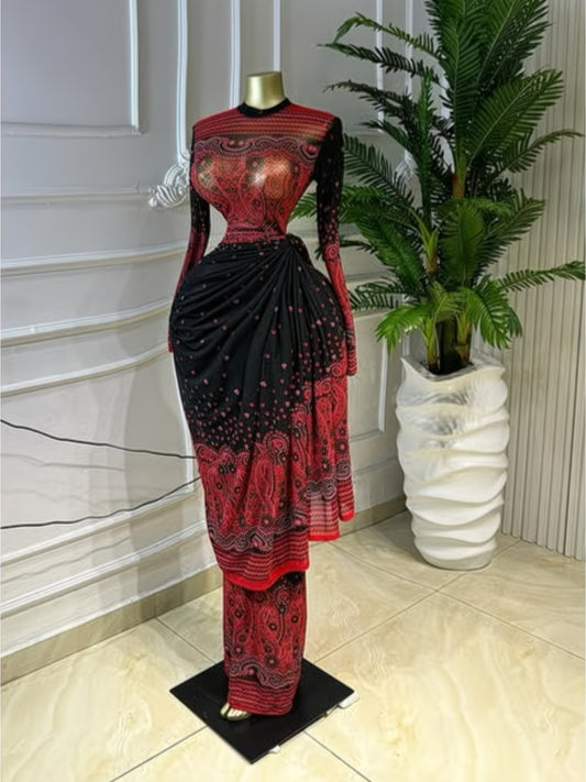 PaisleyMuse™ Ruched Waist Maxi Dress | Paisley Print Long Sleeve Wrap Dress for Women