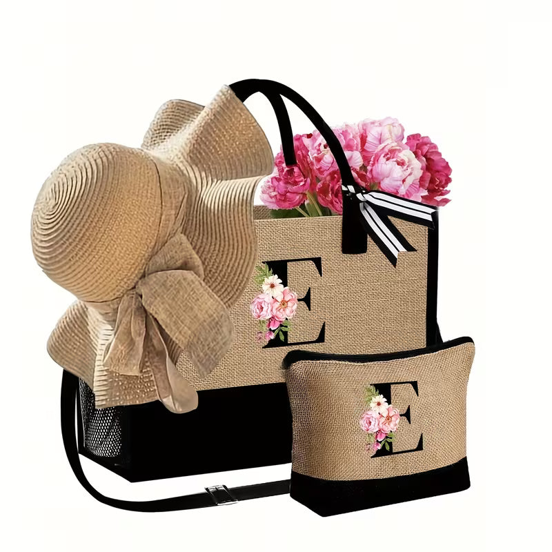 Women's 4-Piece Beach Bag Set | Tote Bag, Sun Hat, Makeup Pouch & Travel Accessories