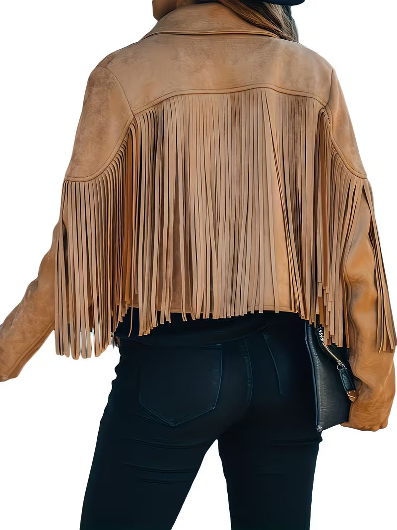 Women's Faux Suede Fringe Moto Jacket | Western Cropped Cowgirl Tassel Coat for Spring & Fall