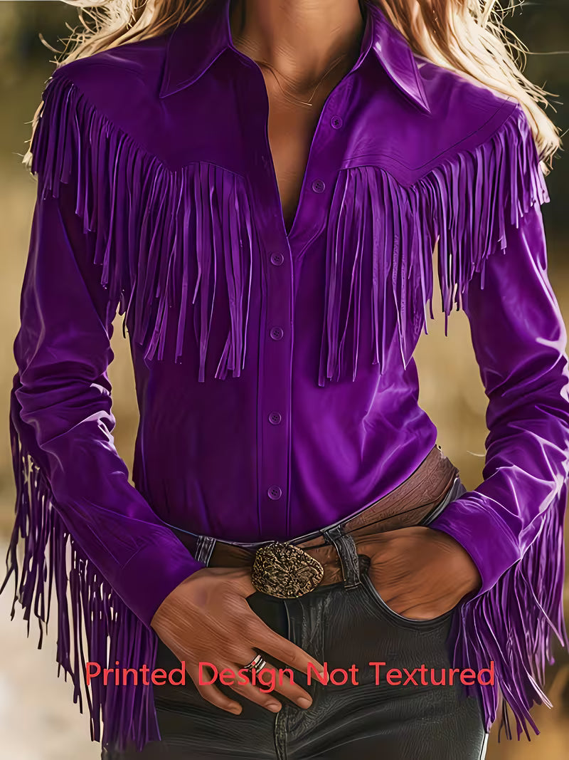 Women's Vintage Western Fringe Shirt | Button-Up Long Sleeve Cowgirl Top with Turn-Down Collar
