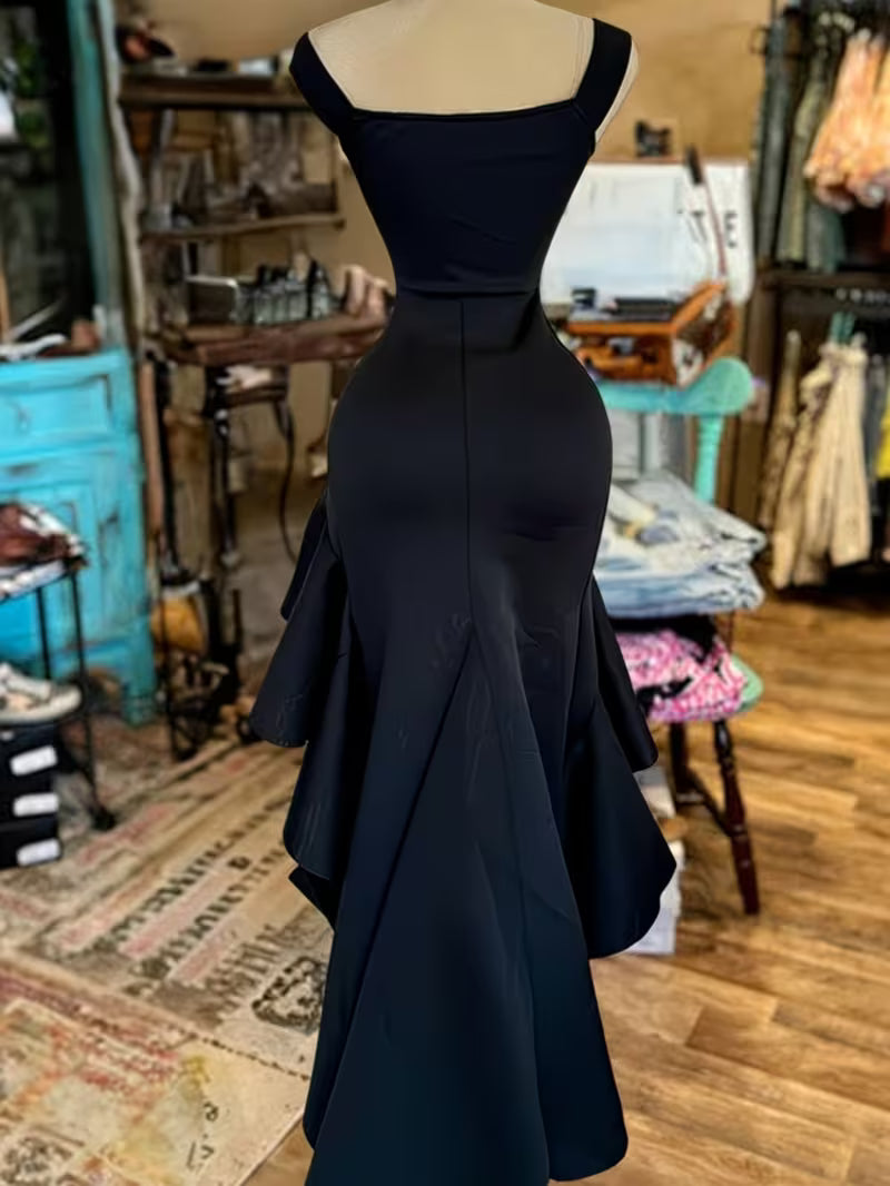 Women's Black Mermaid Dress | Square Neck Fitted Ruffle Asymmetrical Evening Party Dress