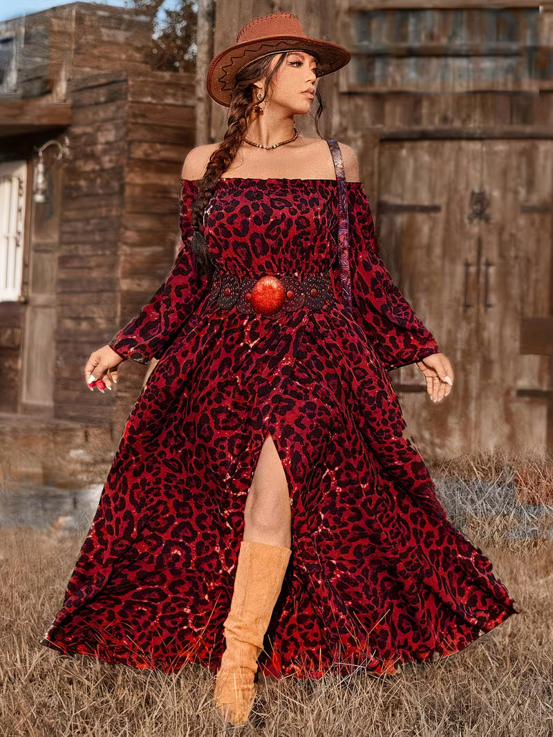 Plus Size Leopard Print Maxi Dress | Boho A-Line Pleated High Slit Dress for Women