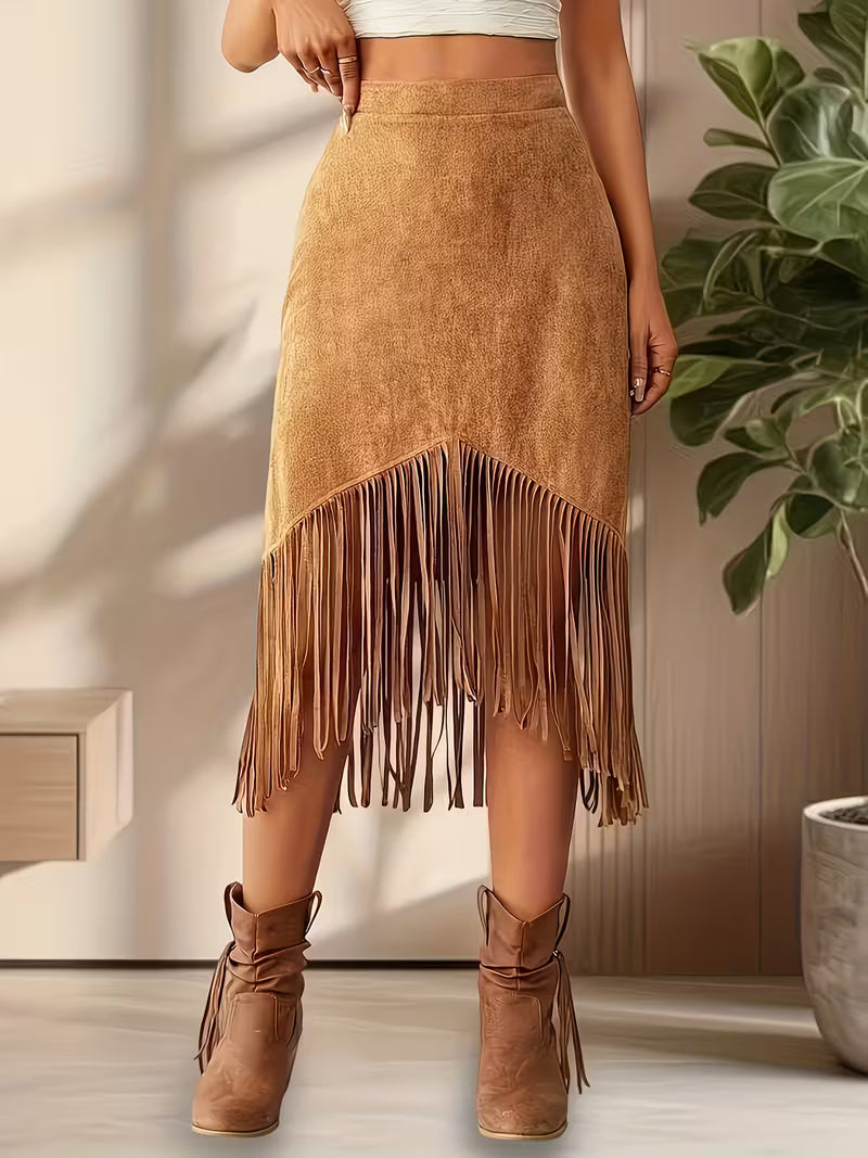 Plus Size Bohemian Fringe Dress | High Waist Asymmetrical Midi Dress with Flowing Tassel Details