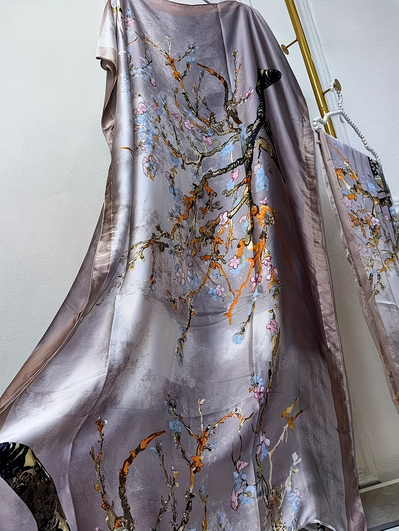 Elegant Tree Print Loose Fit Maxi Dress with Batwing Sleeves & Matching Headscarf | Modest Flow Collection