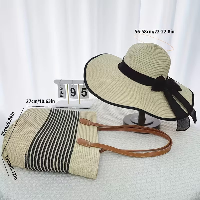 Women's 2-Piece Beach Accessories Set | Striped Straw Tote Bag & Bow Beach Hat