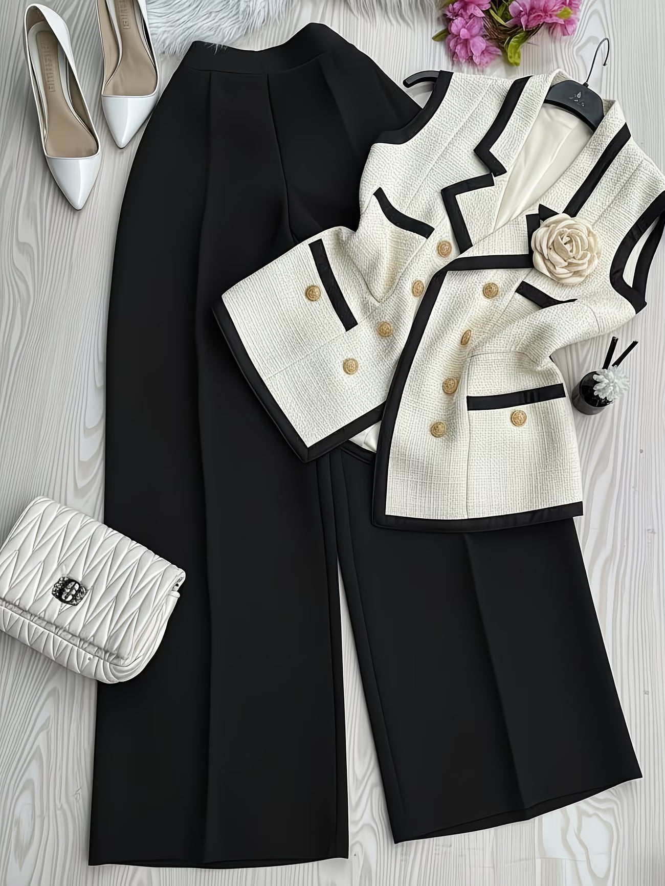 ExecutiveLuxe™ 2-Piece Skirt Suit Set | Contrast Collar Blazer & Pencil Skirt Ensemble for Women