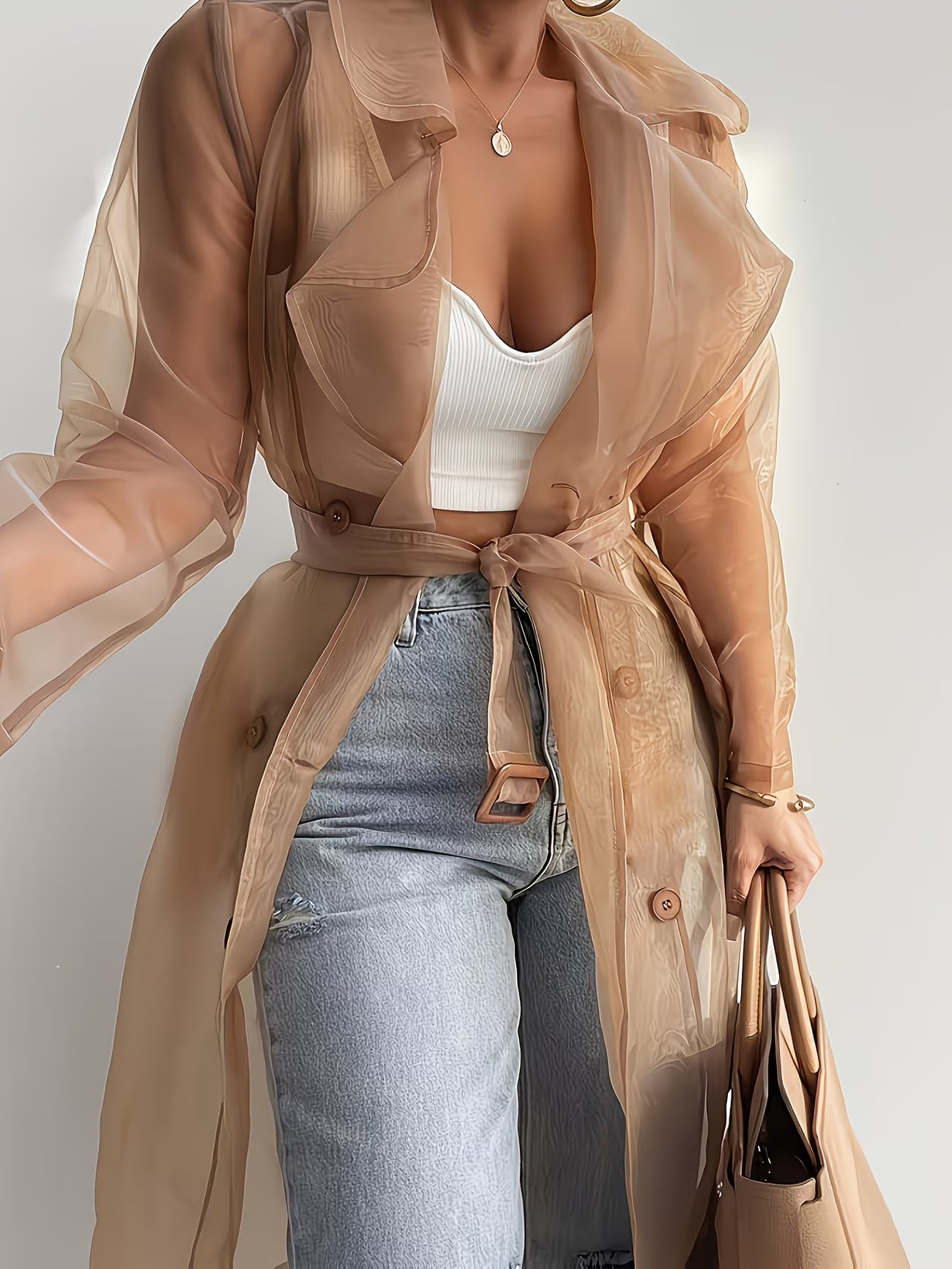 LuxeMist™ Long Sleeve Sheer Trench Coat | Button-Up Lightweight Jacket for Women