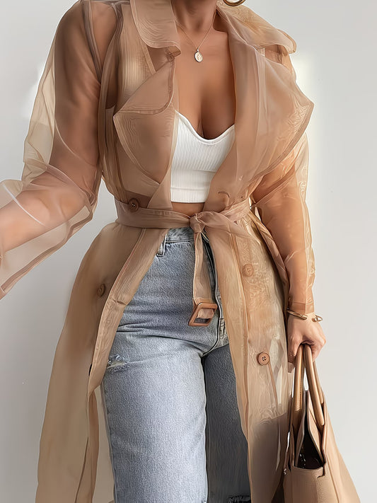 LuxeMist™ Long Sleeve Sheer Trench Coat | Button-Up Lightweight Jacket for Women