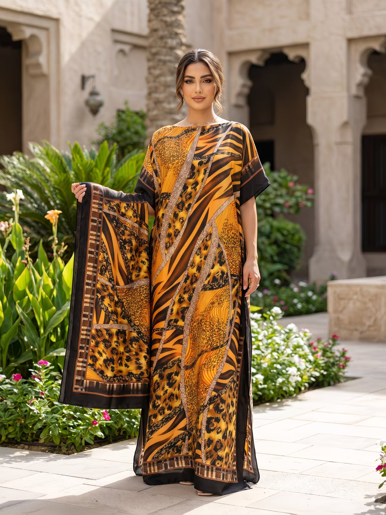 Elegant Plus Size Kaftan Abaya Set with Scarf | Artistic Print Modest Dress for Everyday Modern Style
