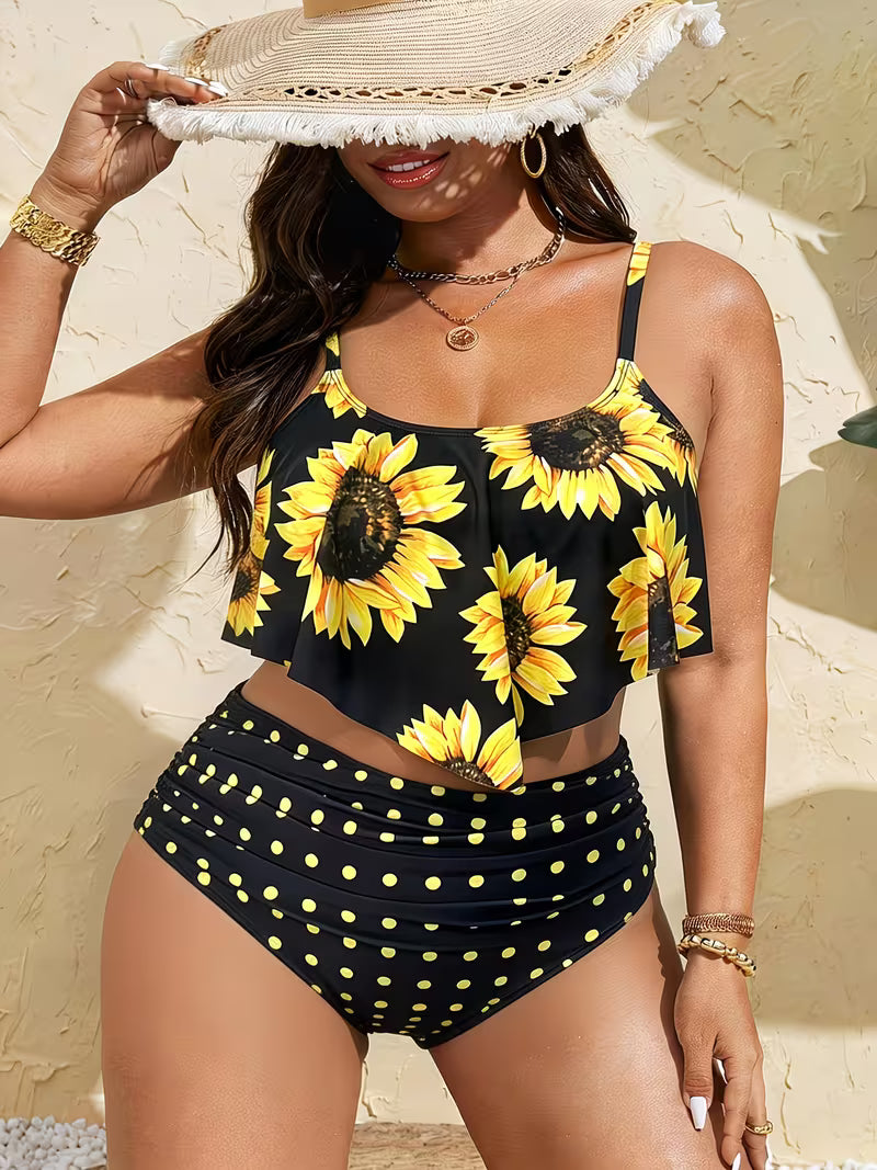 Women's Plus Size Sunflower Bikini Set | 2-Piece High-Waist Off-Shoulder Swimsuit