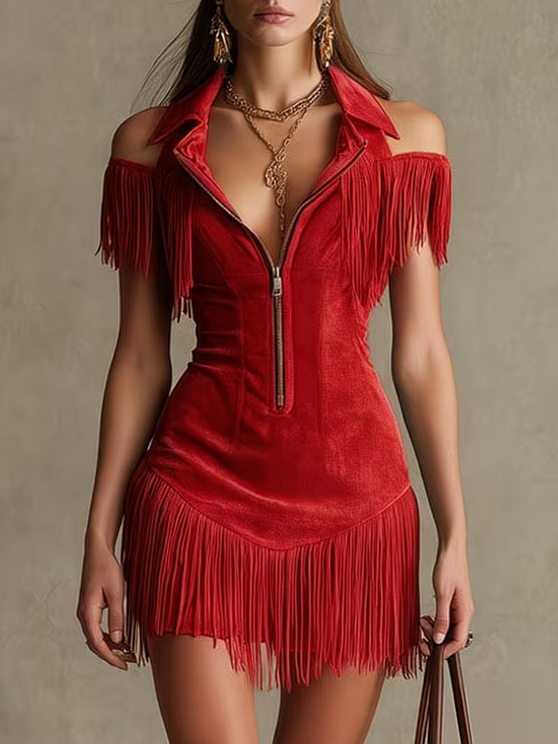 Women's Vintage Western Fringe Mini Dress | Off Shoulder Y2K Slim Waist Cowgirl Dress