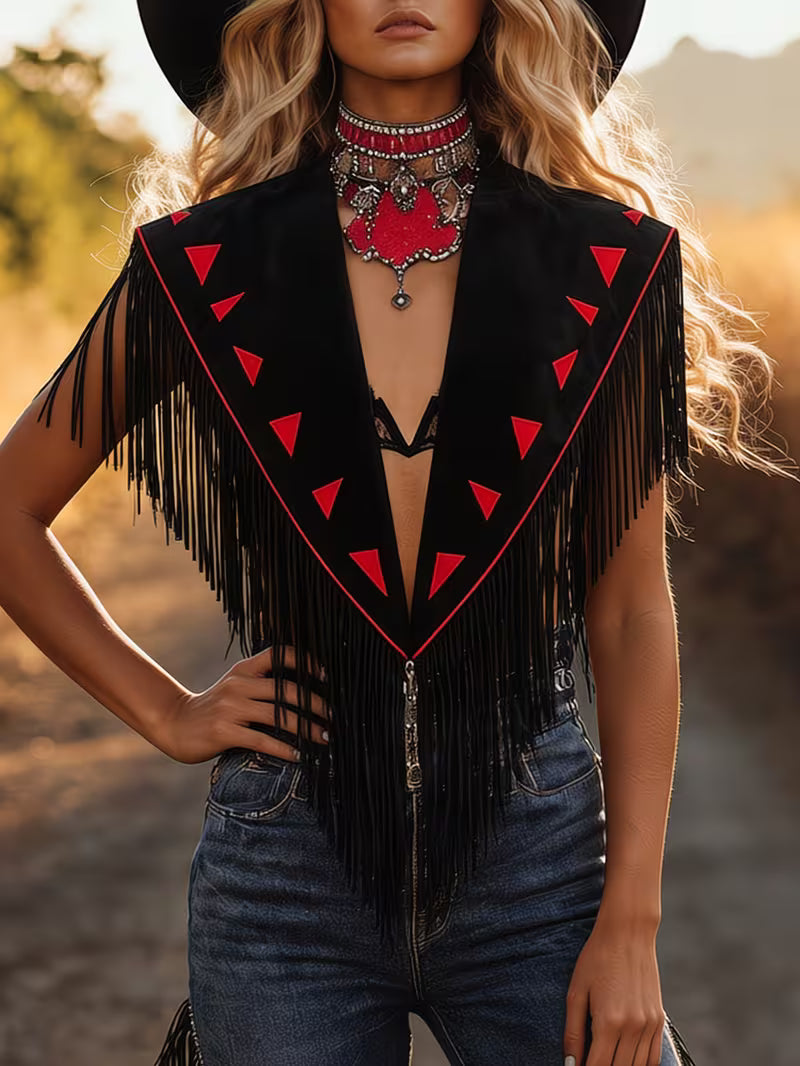 Women's Black Western Fringe Vest | Open Front Cowgirl Vest with Red Trim for Rodeo & Country Style