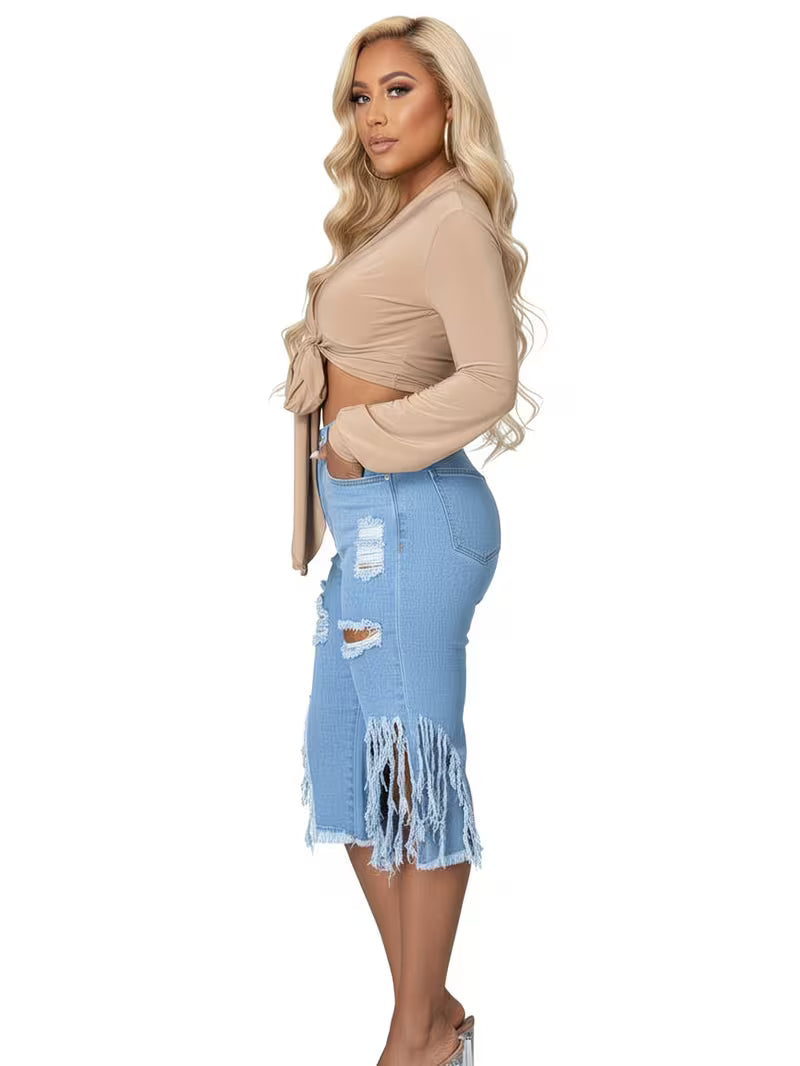 Women's High Waist Ripped Denim Capri Pants | Distressed Fringe Side Slit Cropped Jeans