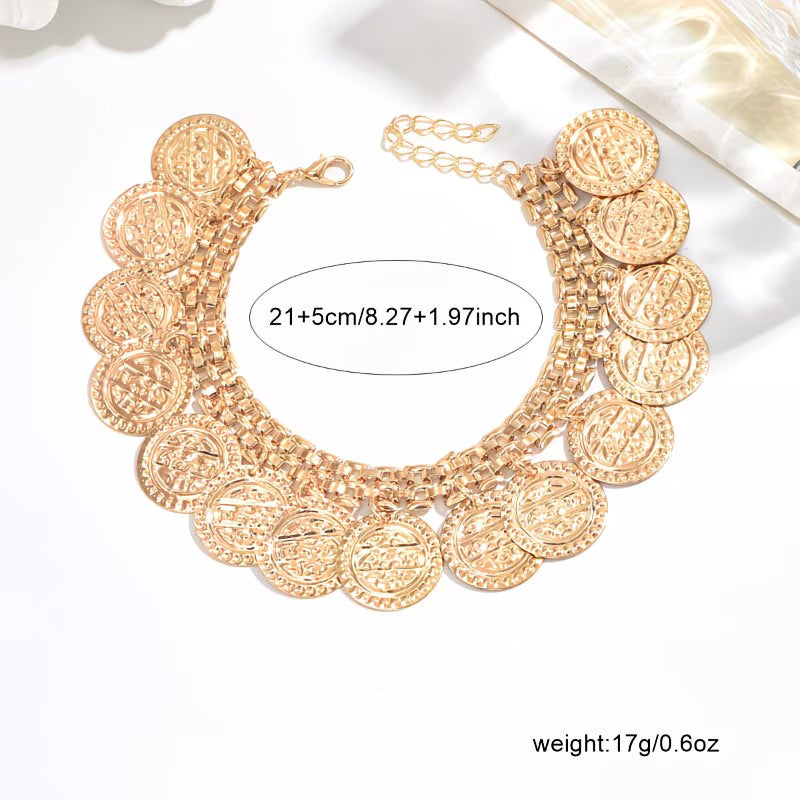 BohoGlow™ 2-Pair Gold Disc Tassel Anklet Set | Adjustable Bohemian Anklets for Women
