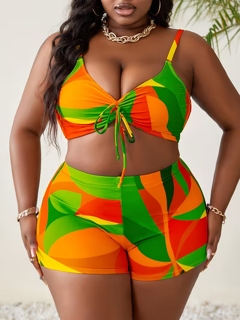 Women's Plus Size 3-Piece Bikini Set | Color Block High-Waist Swimsuit with Mesh Cover-Up