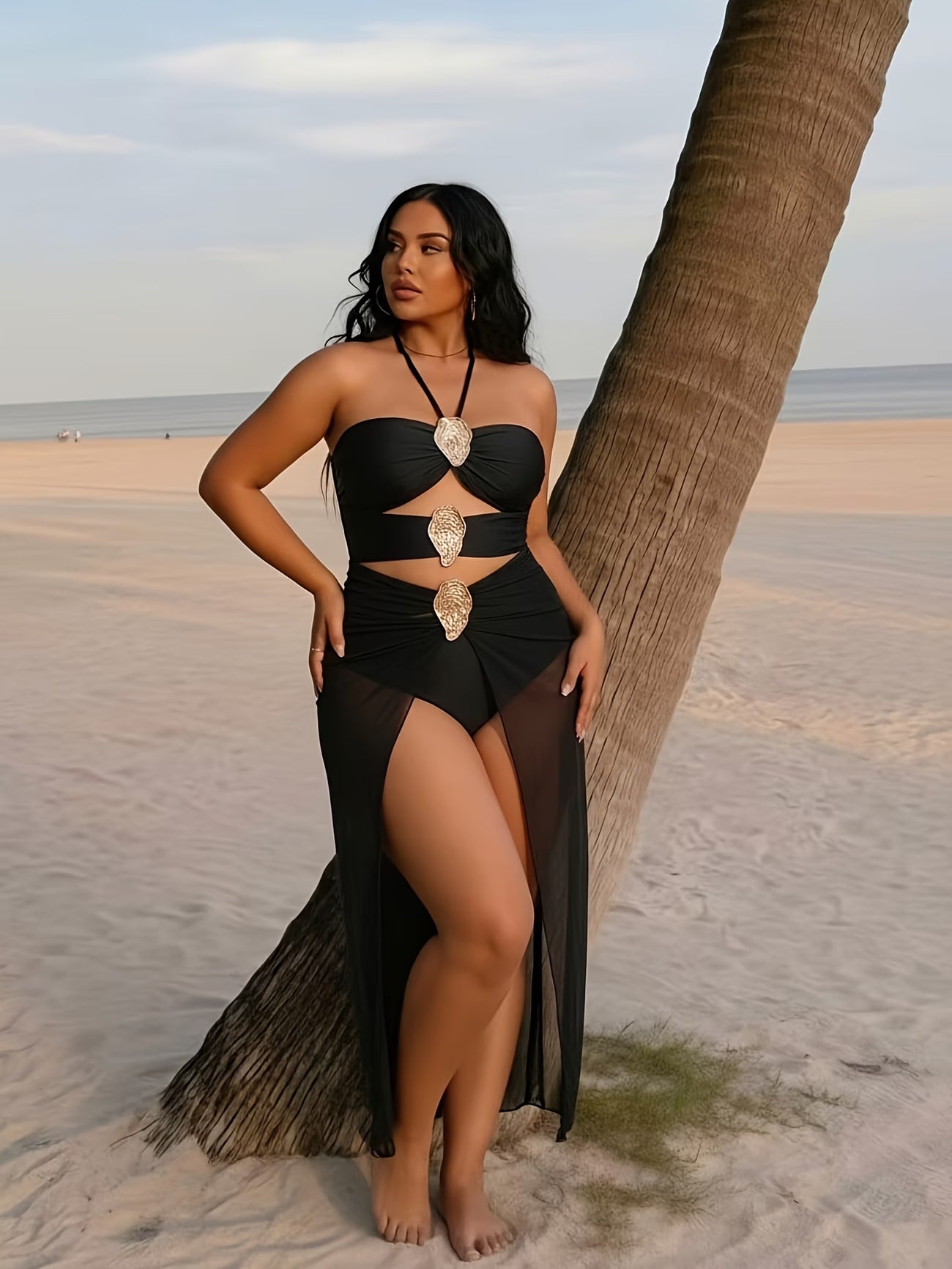 Midnight Elegance Skirted Halter Swimsuit