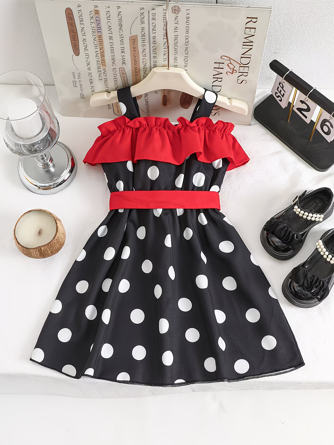 VintageCharm™ Girls Polka Dot Off-Shoulder Dress | Ruffle Suspender Dress with Belt