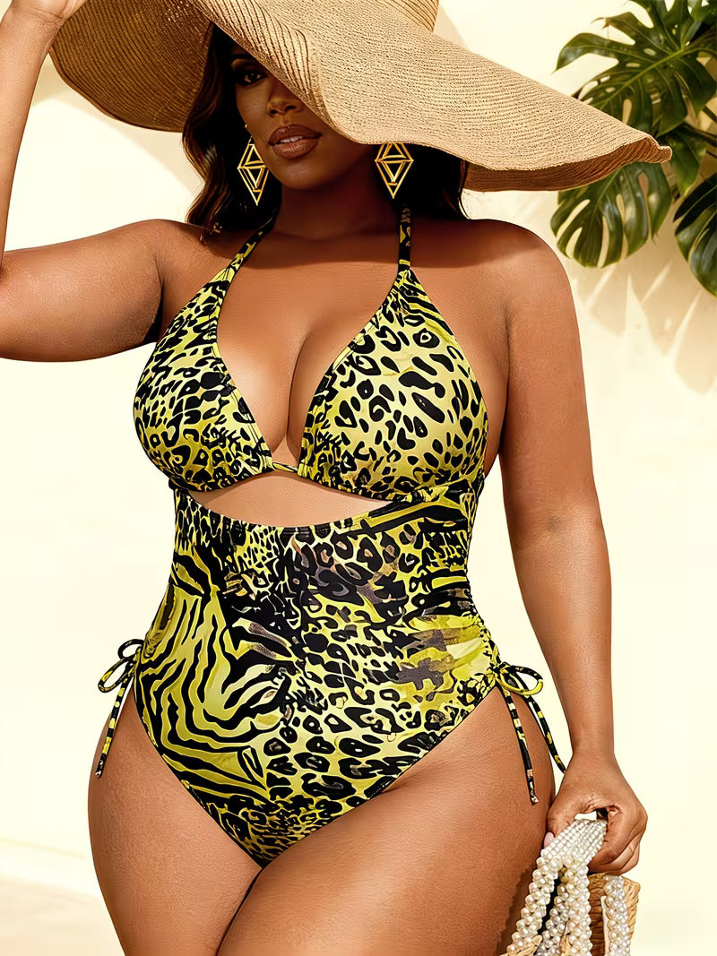 Women's Plus Size Leopard Print One-Piece Swimsuit | Halter Neck Drawstring Monokini
