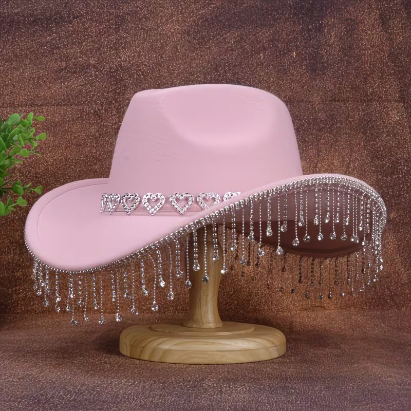 Women's Rhinestone Denim Cowboy Hat | Sparkling Tassel Western Hat with Water Drop Crystal Design