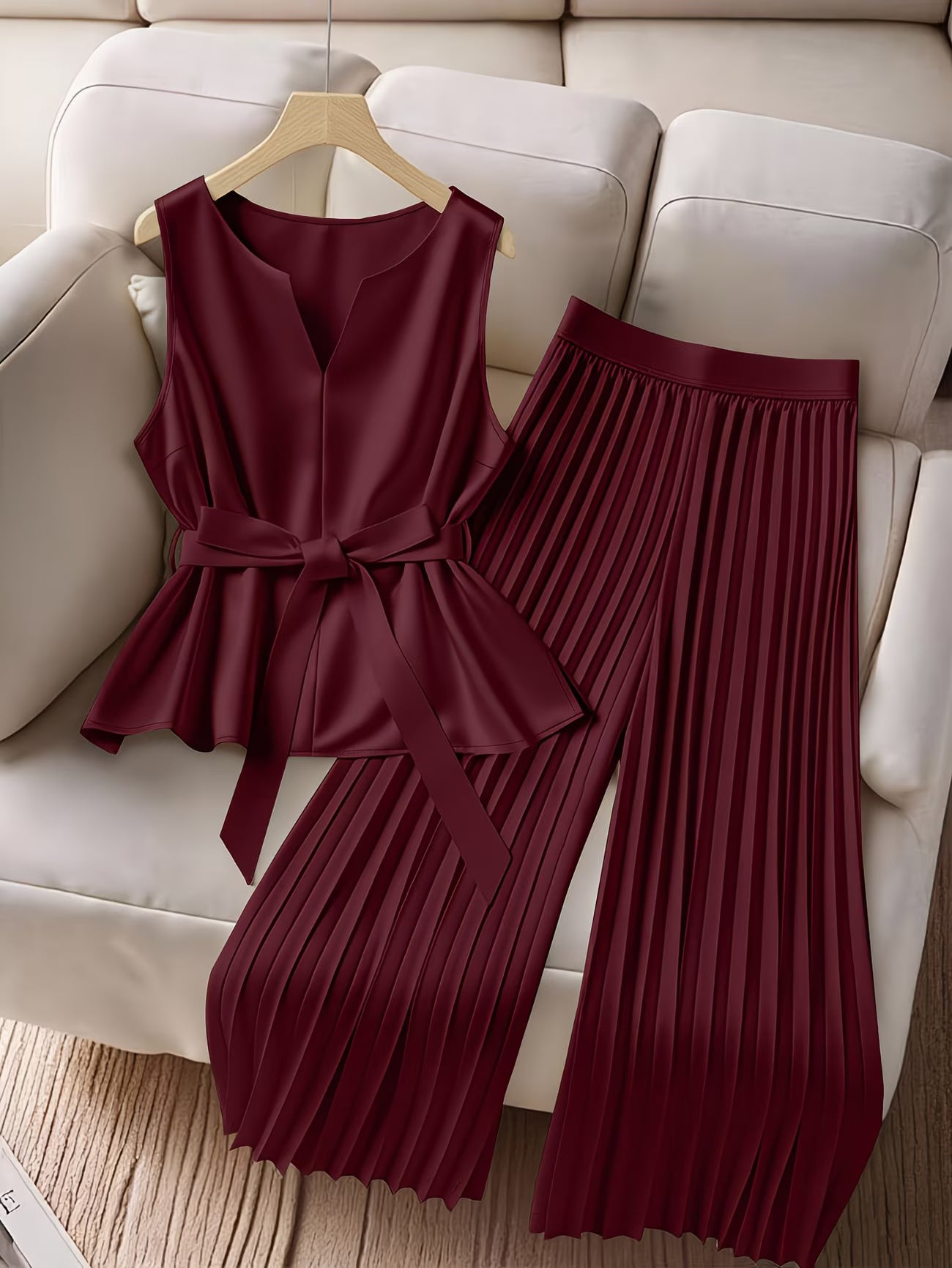 CurveElegance™ Plus Size 2-Piece Pant Set | Sleeveless Bow Top & High-Waist Chiffon Wide-Leg Pants for Women