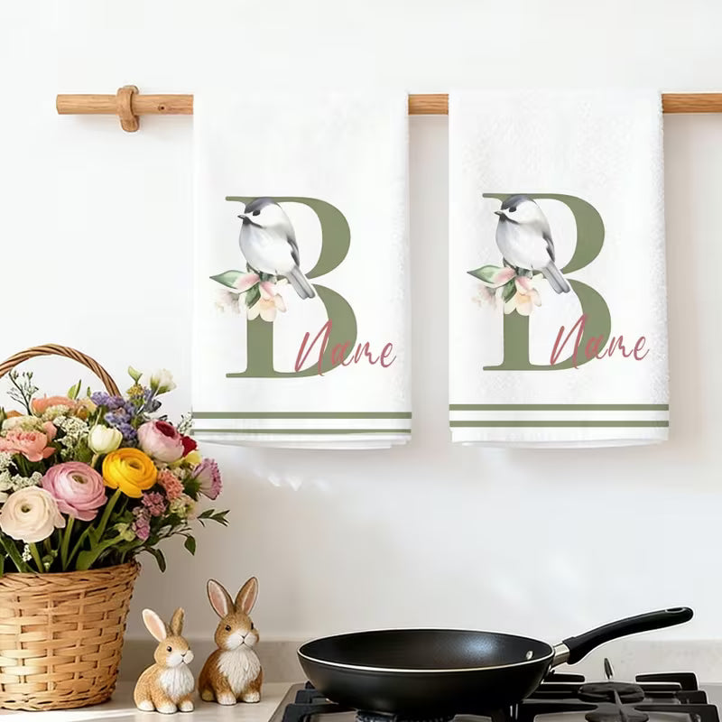 Personalized Monogram Kitchen Towels | Custom Initials & Text | Floral & Bird Design Microfiber Dish Towels | Housewarming Gift