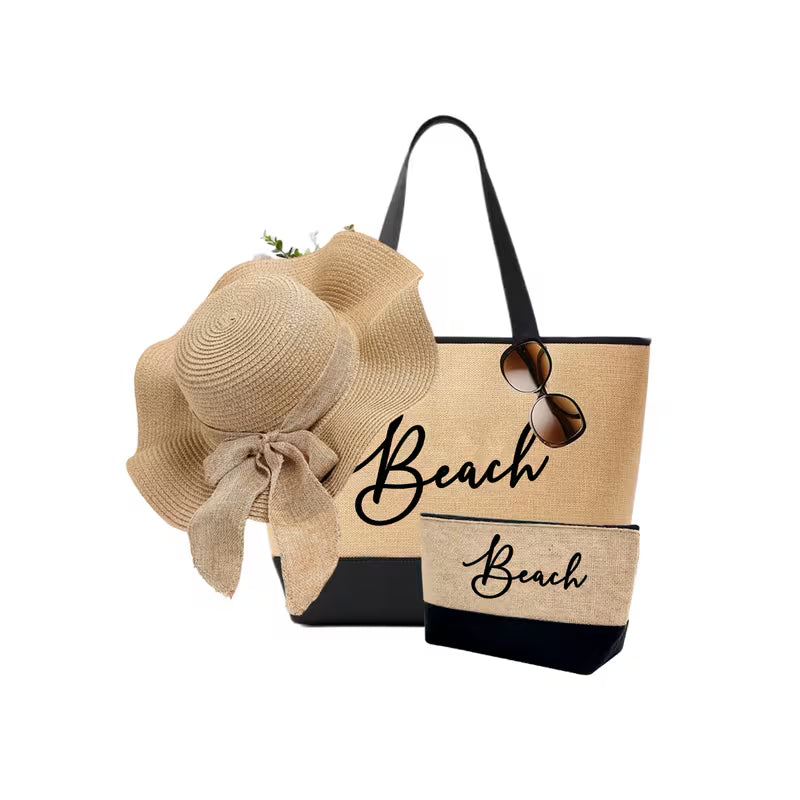 Beach Themed Black Tote Bag | Portable Beach Storage Bag with Sun Hat & Travel Organizer