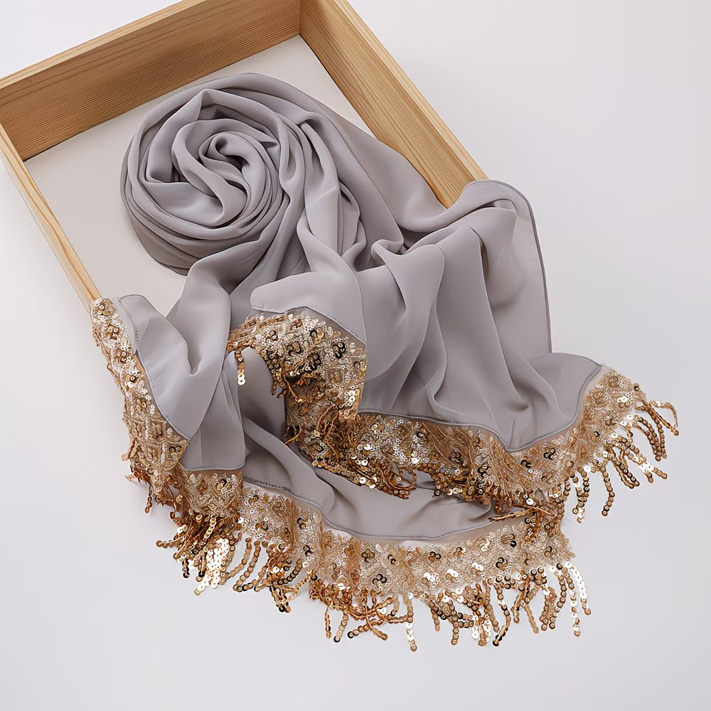 LuxeTassel™ Sequin Lace Hijab | Extended Size Tassel Headscarf for Women