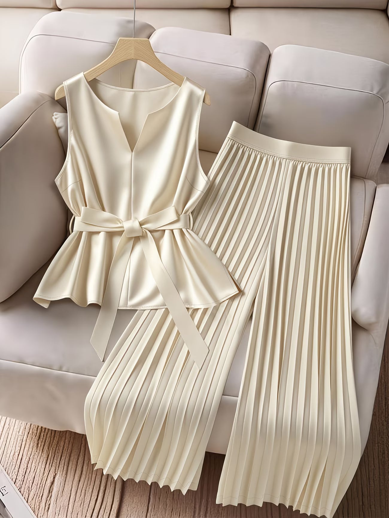 CurveElegance™ Plus Size 2-Piece Pant Set | Sleeveless Bow Top & High-Waist Chiffon Wide-Leg Pants for Women