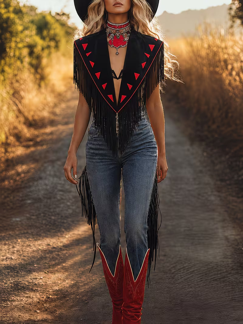 Women's Black Western Fringe Vest | Open Front Cowgirl Vest with Red Trim for Rodeo & Country Style