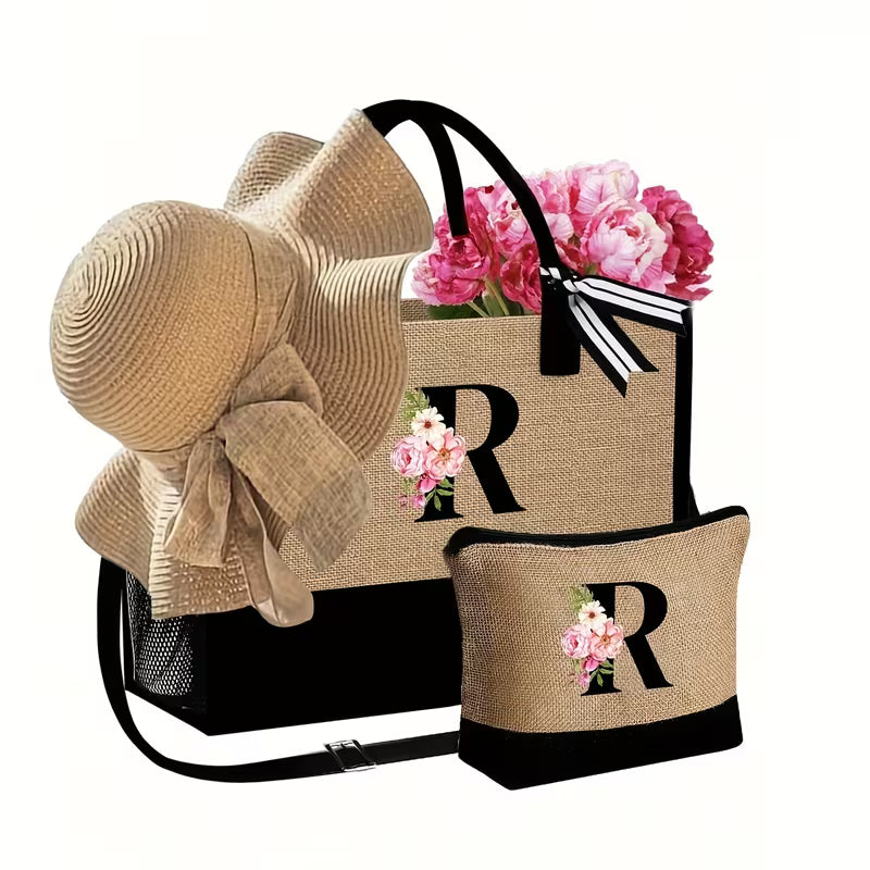 Women's 4-Piece Beach Bag Set | Tote Bag, Sun Hat, Makeup Pouch & Travel Accessories