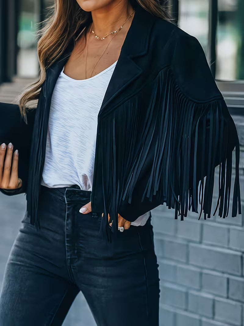 Women's Faux Suede Fringe Moto Jacket | Western Cropped Cowgirl Tassel Coat for Spring & Fall