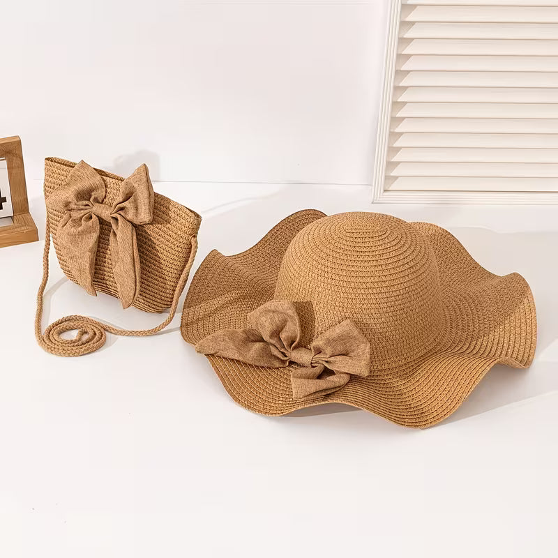 Women's 2-Piece Bohemian Beach Set | Straw Sun Hat & Matching Bow Tote Bag