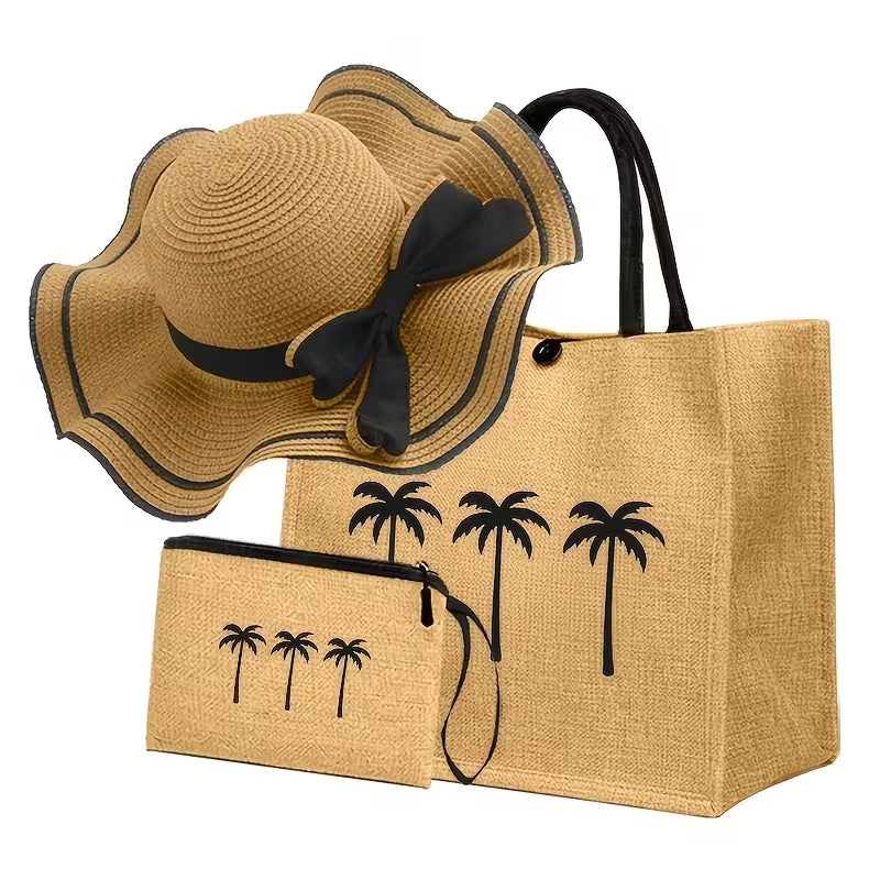 Women's 3-Piece Animal Print Beach Bag Set | Sun Hat, Tote Bag & Handbag Combo