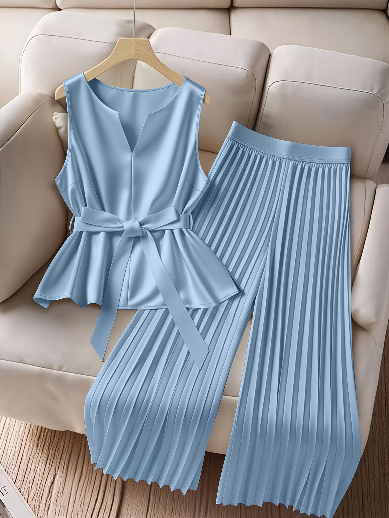CurveElegance™ Plus Size 2-Piece Pant Set | Sleeveless Bow Top & High-Waist Chiffon Wide-Leg Pants for Women