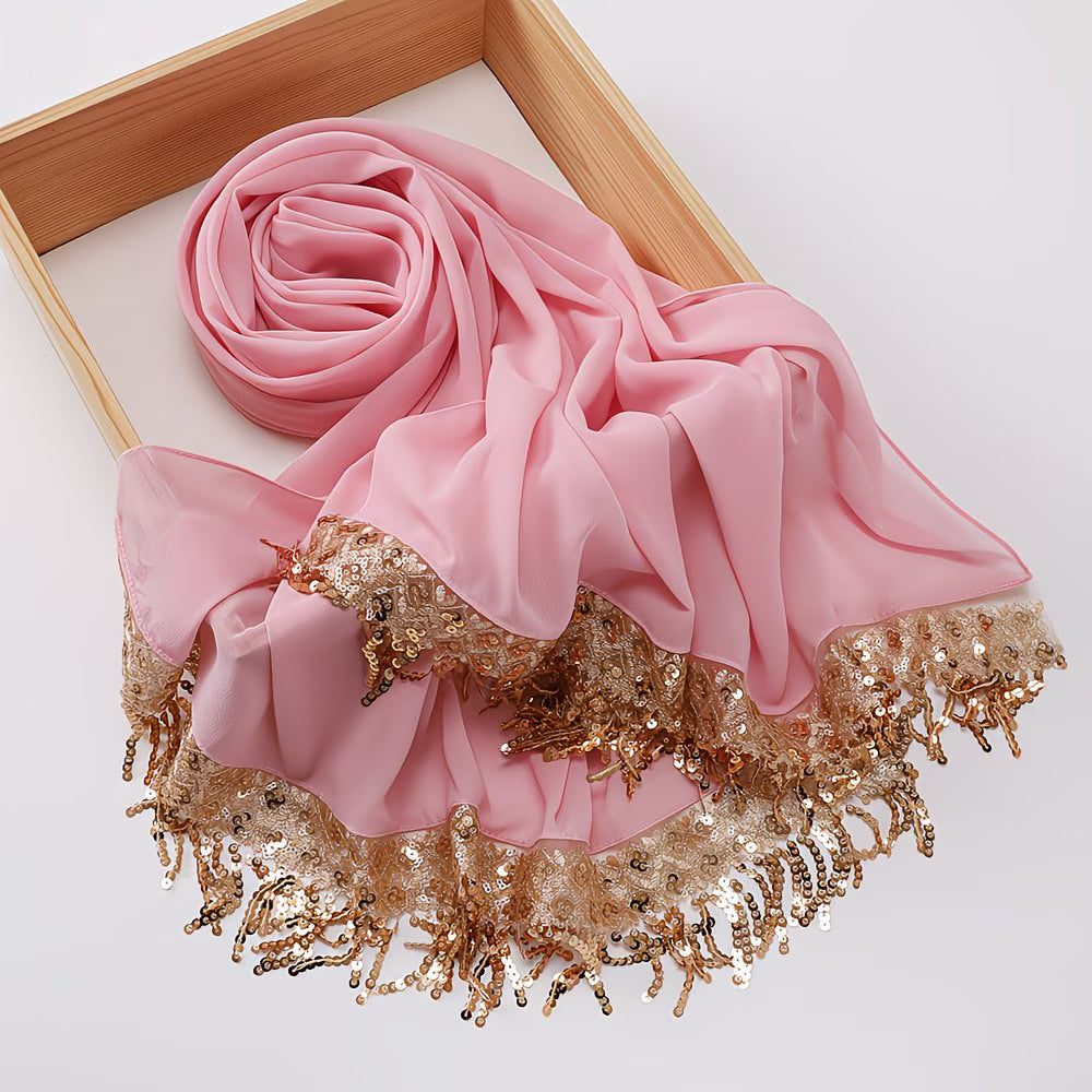 LuxeTassel™ Sequin Lace Hijab | Extended Size Tassel Headscarf for Women