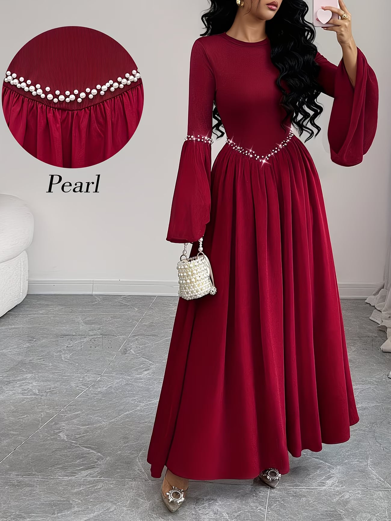 PearlElegance™ A-Line Dress | Long Sleeve Waist-Cinching Dress with Pearl Round Neck for Women
