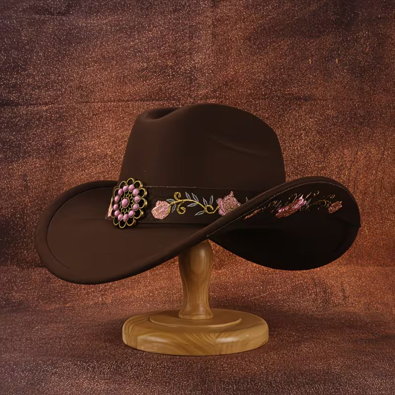 Women's Pink Embroidered Cowboy Hat | Soft Felt Western Hat with Turquoise Belt & Floral Trim