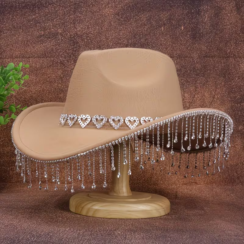 Women's Rhinestone Denim Cowboy Hat | Sparkling Tassel Western Hat with Water Drop Crystal Design