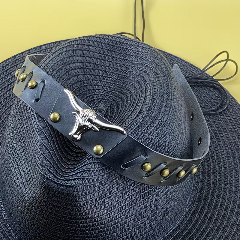 Women's Vintage Western Cowboy Hat | Black Felt Fedora with Silver Bull Head & Gold Buckle Accent