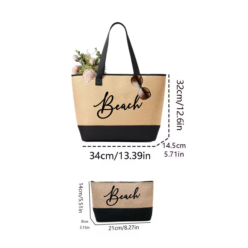 Beach Themed Black Tote Bag | Portable Beach Storage Bag with Sun Hat & Travel Organizer