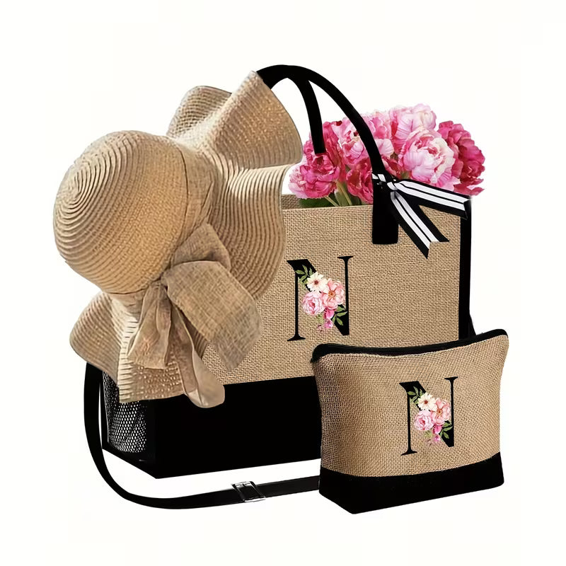 Women's 4-Piece Beach Bag Set | Tote Bag, Sun Hat, Makeup Pouch & Travel Accessories