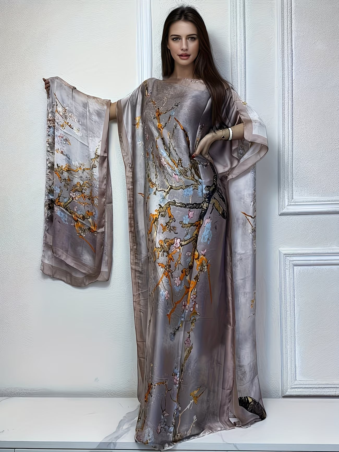Elegant Tree Print Loose Fit Maxi Dress with Batwing Sleeves & Matching Headscarf | Modest Flow Collection