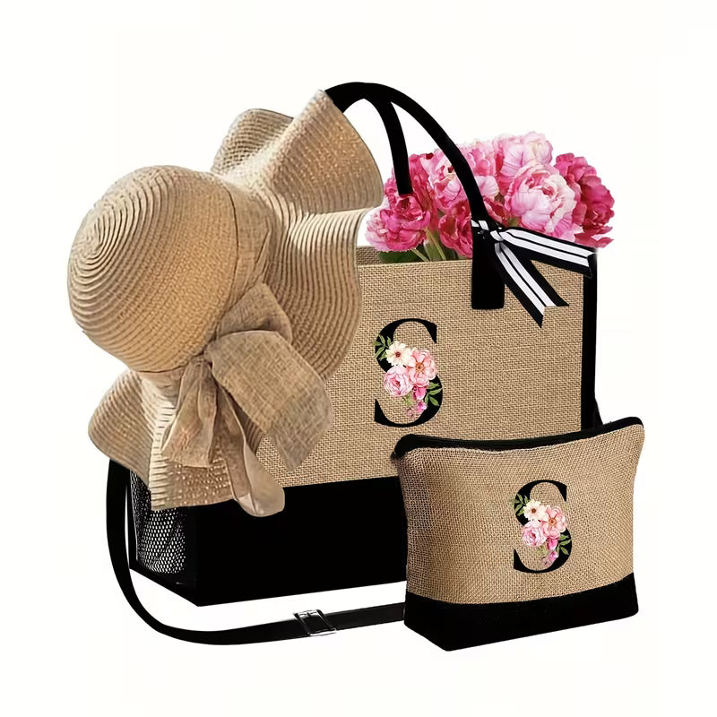 Women's 4-Piece Beach Bag Set | Tote Bag, Sun Hat, Makeup Pouch & Travel Accessories